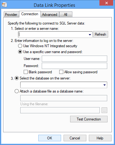 Picture showing the Data Link Properties dialog illustrating connection string options for SQL Server OLE DB Provider driver.